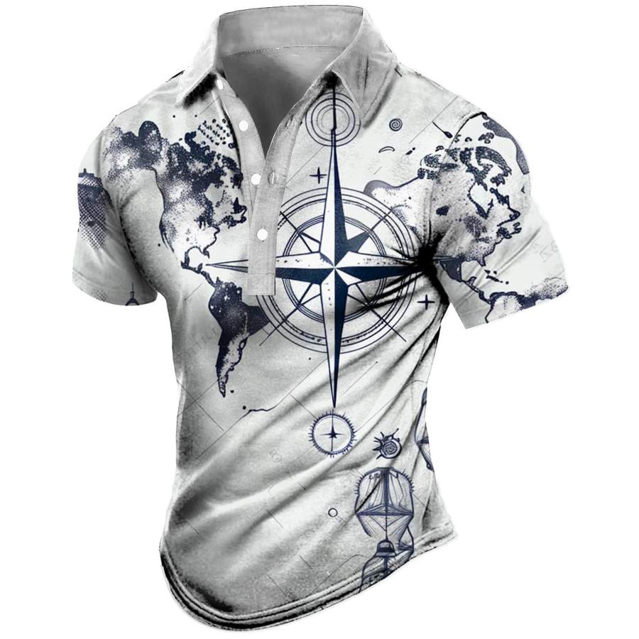 

Men's Vintage Nautical Map Compass Print Polo T-Shirt