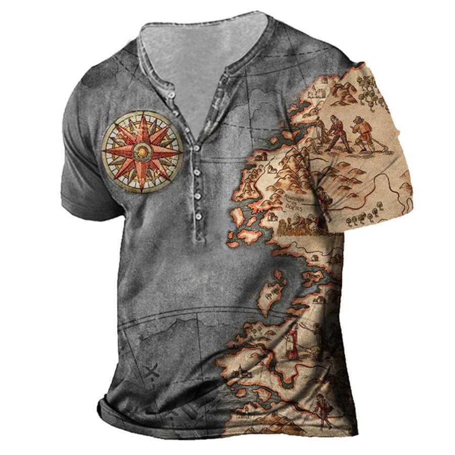 

Men's Vintage Nautical Map Compass Print Henley T-Shirt