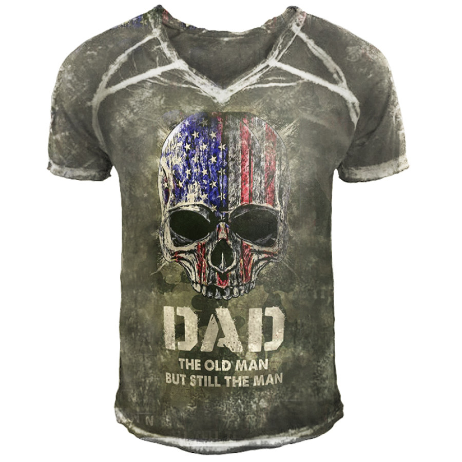 

American Flag Skull Camo Dad The Old Man Fathers Men Vintage V-Neck T-Shirt