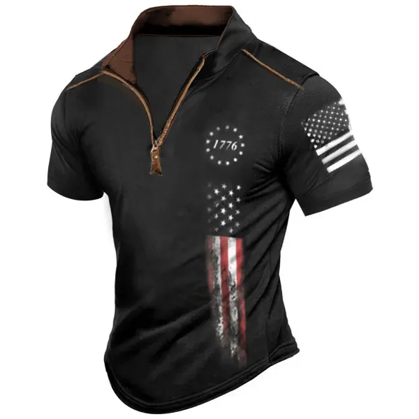 Men's 1776 American Flag Print Zipper Stand Collar Polo Shirt - Kalesafe.com 