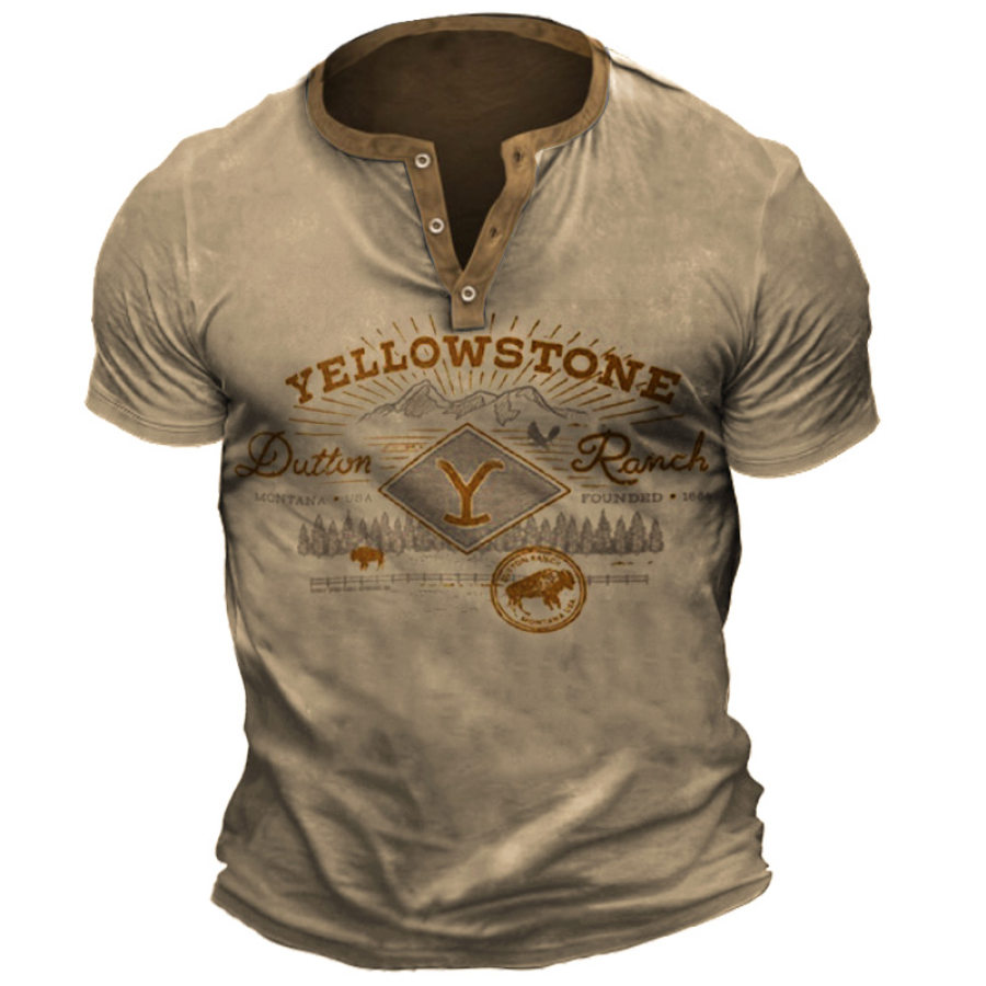 

Men's Vintage Yellowstone Print Henry T-Shirt
