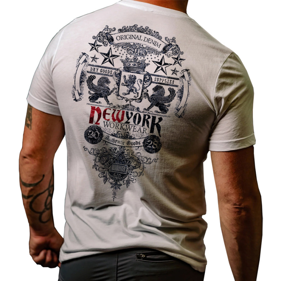 

Men's Vintage American Flag Lion Totem Print Cotton T-Shirt