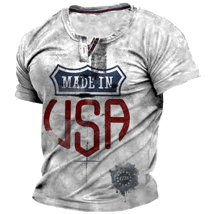 

Men's Vintage US Emblem Print Henley Collar Short Sleeve T-Shirt