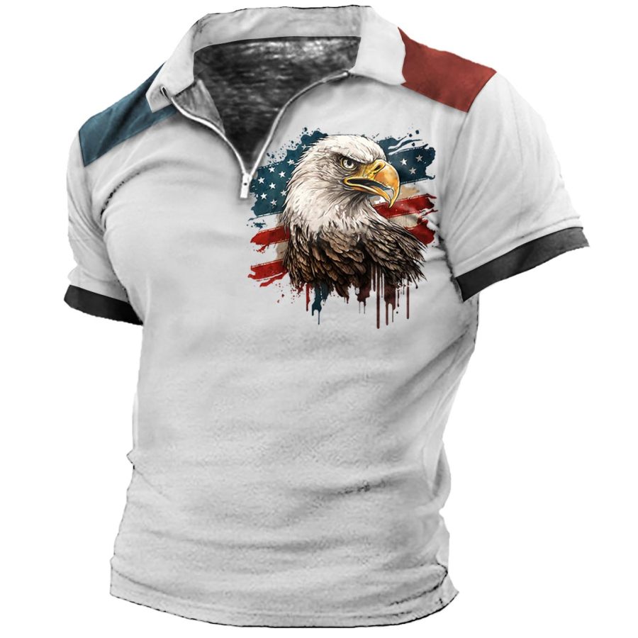 

Men's American Flag Eagle Patriotic Print Zip Polo T-Shirt