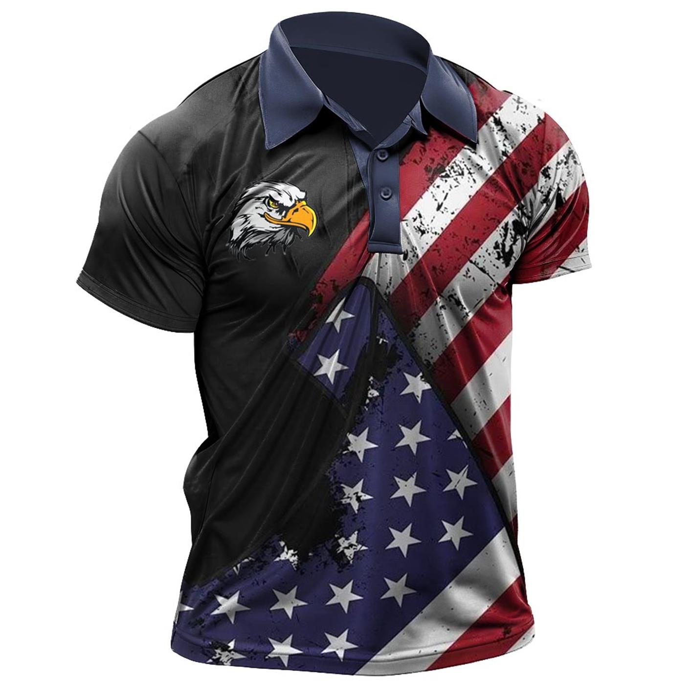 Men's American Flag Eagle Chic Patriotic Print Polo T-shirt