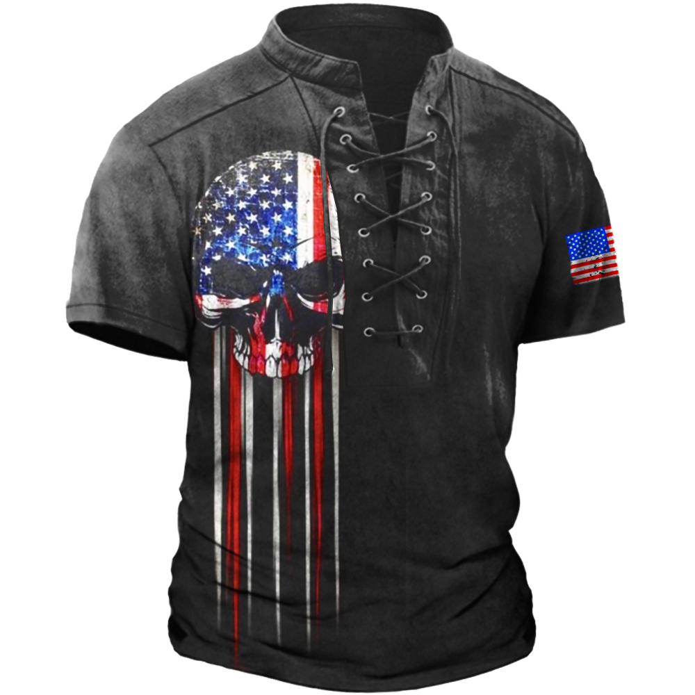 Men's Vintage American Flag Chic Skull Print Tie Stand Collar T-shirt