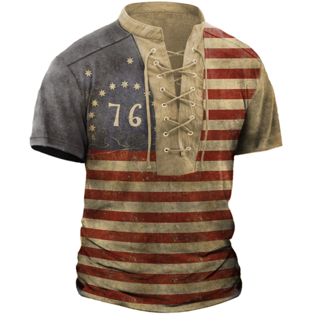 Men's Vintage American Flag Print Chic Tie Stand Collar T-shirt