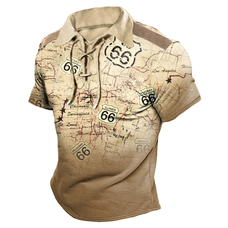 Men's Vintage Route 66 Chic Map Lace-up T-shirt