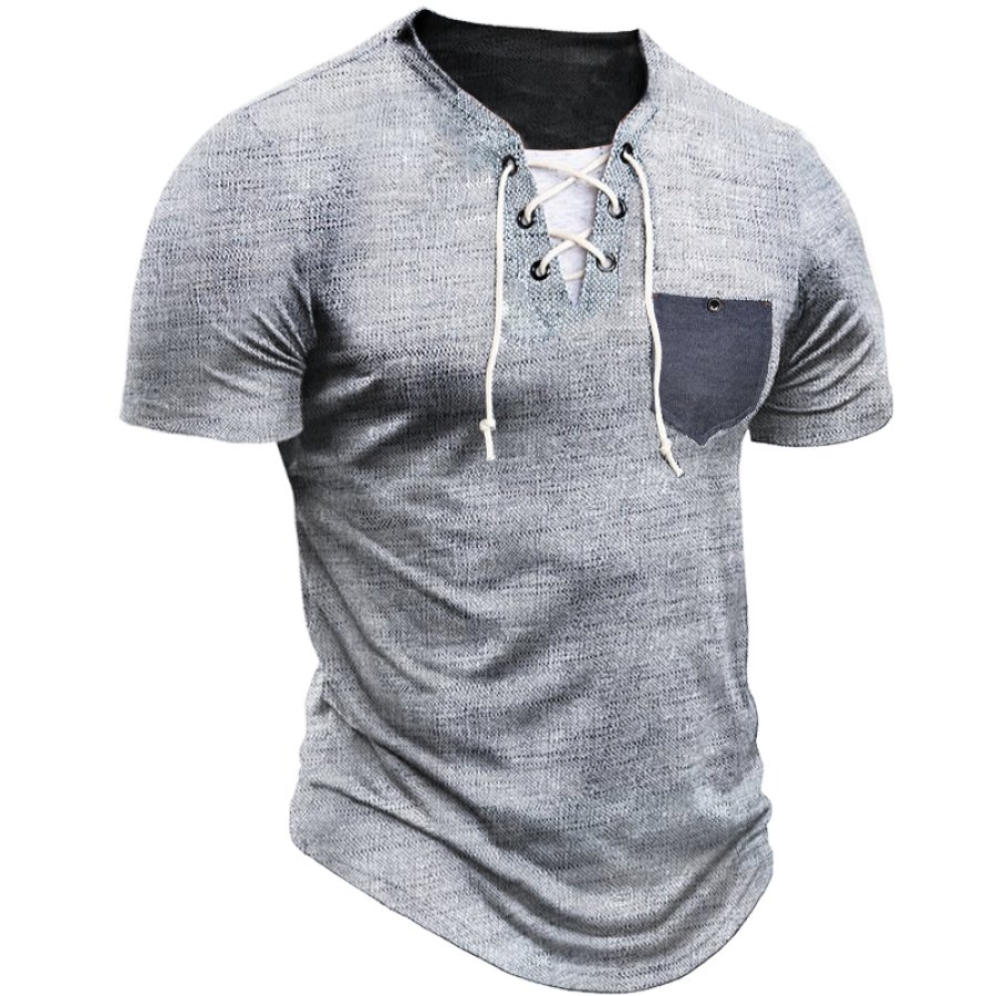 

Men's Retro Colorblock Pocket Lace Up Tie Collar Casual T-Shirt