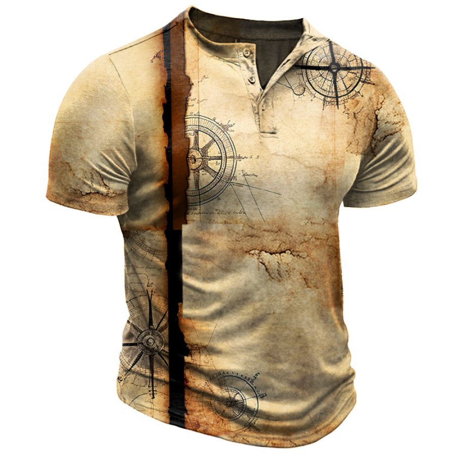 

Men's Vintage Mechanical Gear Map Print Henley Collar T-Shirt