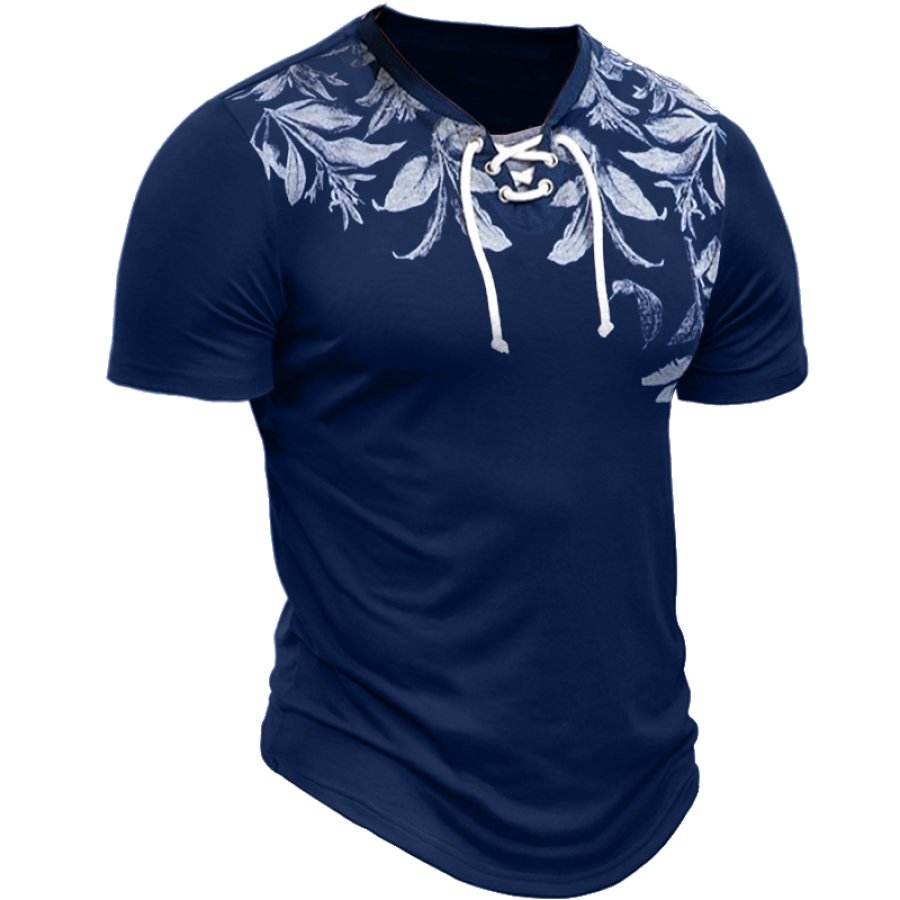 

Men's Retro Hawaiian Palm Tree Colorblock Lace Up Tie Collar Casual T-Shirt