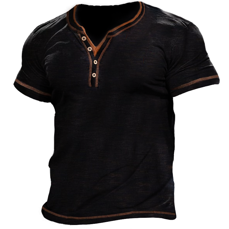 Men's Retro Colorblock Henley Collar Chic Casual T-shirt