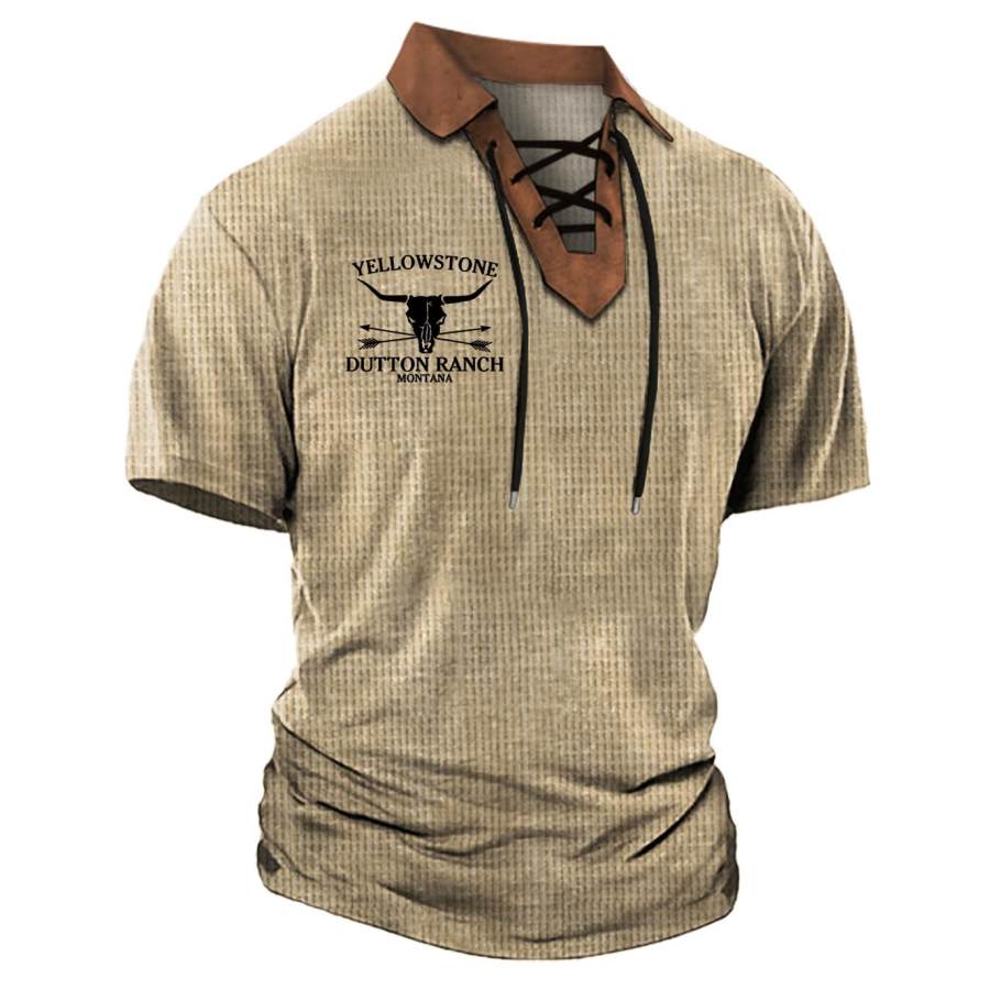 

Мужская винтажная вафельная футболка Yellowstone со шнуровкой и лацканами