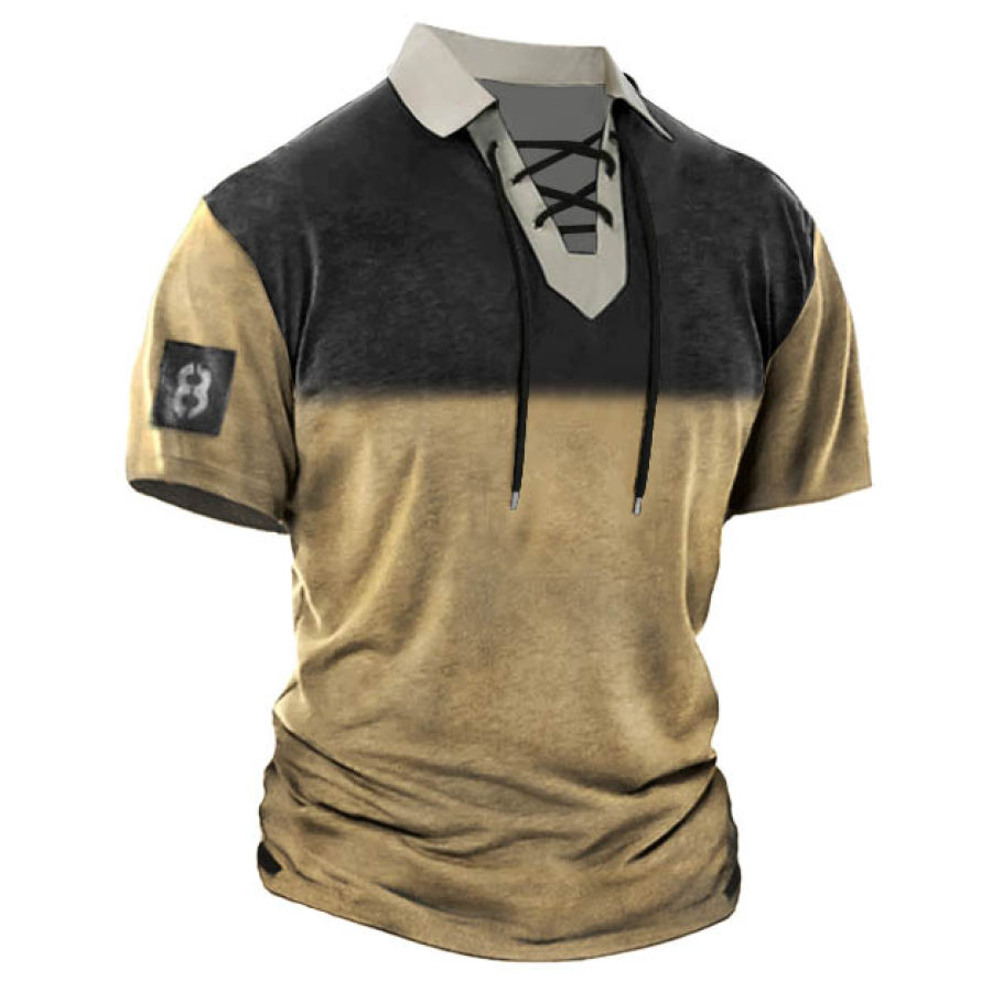 

Men's Vintage Colorblock Lace-Up Lapel T-Shirt