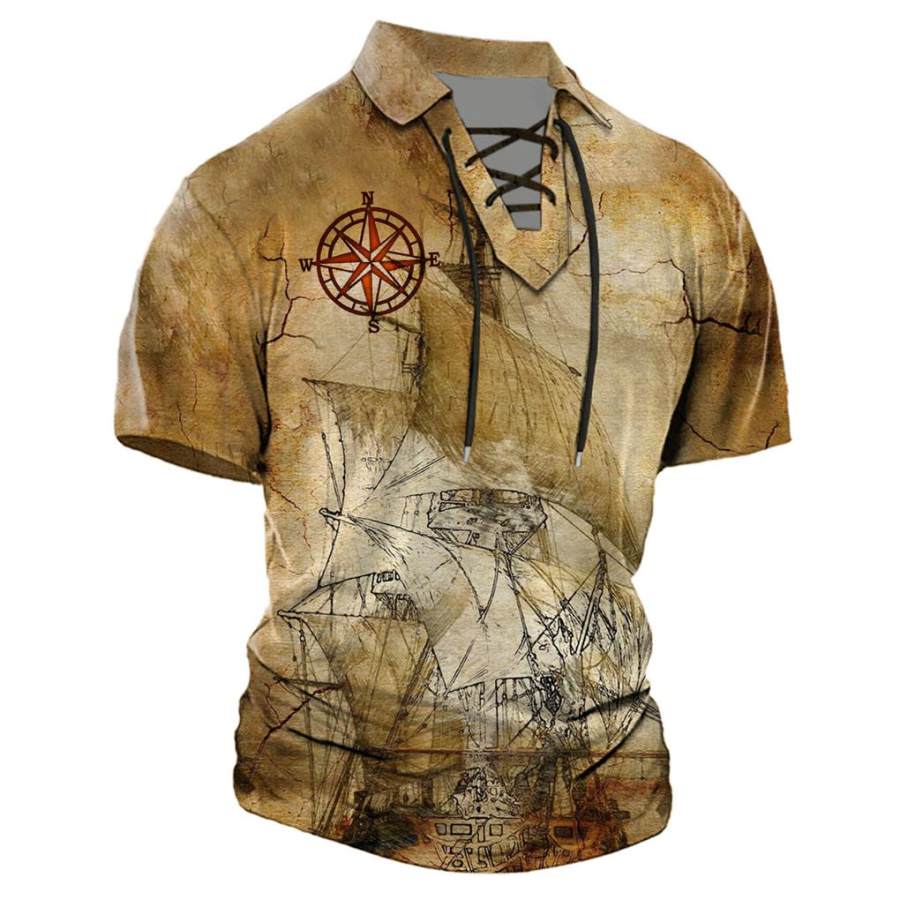 

Men's Vintage Nautical Compass Lace-Up Lapel T-Shirt