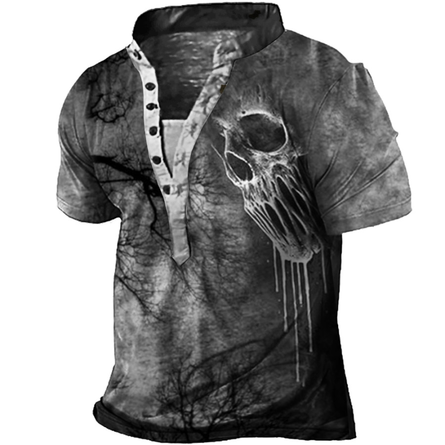 

Men's Vintage Skull Print Henley Collar T-Shirt