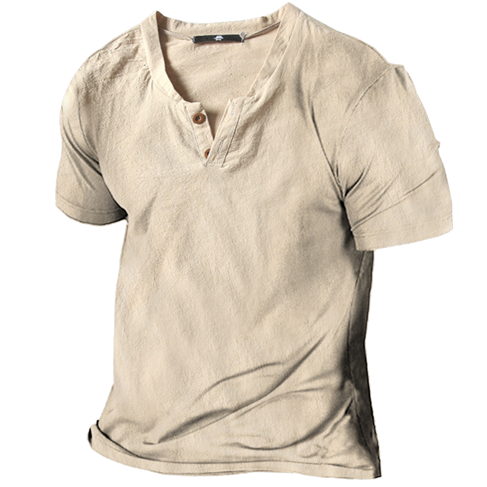 Men's Vintage Linen Henley Collar Chic Short Sleeve T-shirt