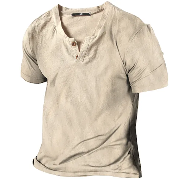 Men's Vintage Linen Henley Collar Short Sleeve T-Shirt - Chrisitina.com 