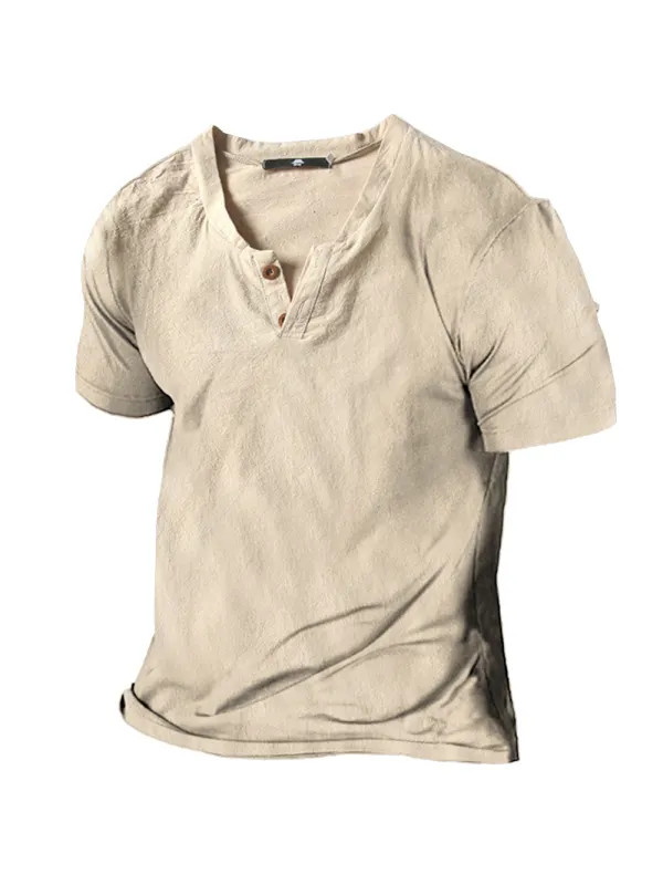 Men's Vintage Linen Henley Collar Short Sleeve T-Shirt - Valiantlive.com 