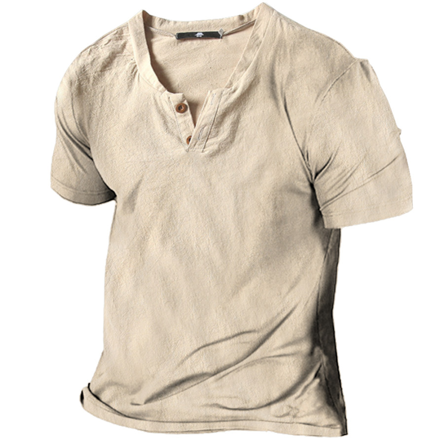 

Kurzärmliges T-Shirt Aus Vintage-Leinen Für Herren Mit Henley-Kragen