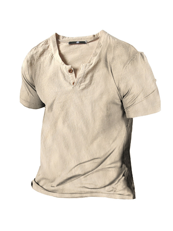 Men's Vintage Linen Henley Collar Short Sleeve T-Shirt