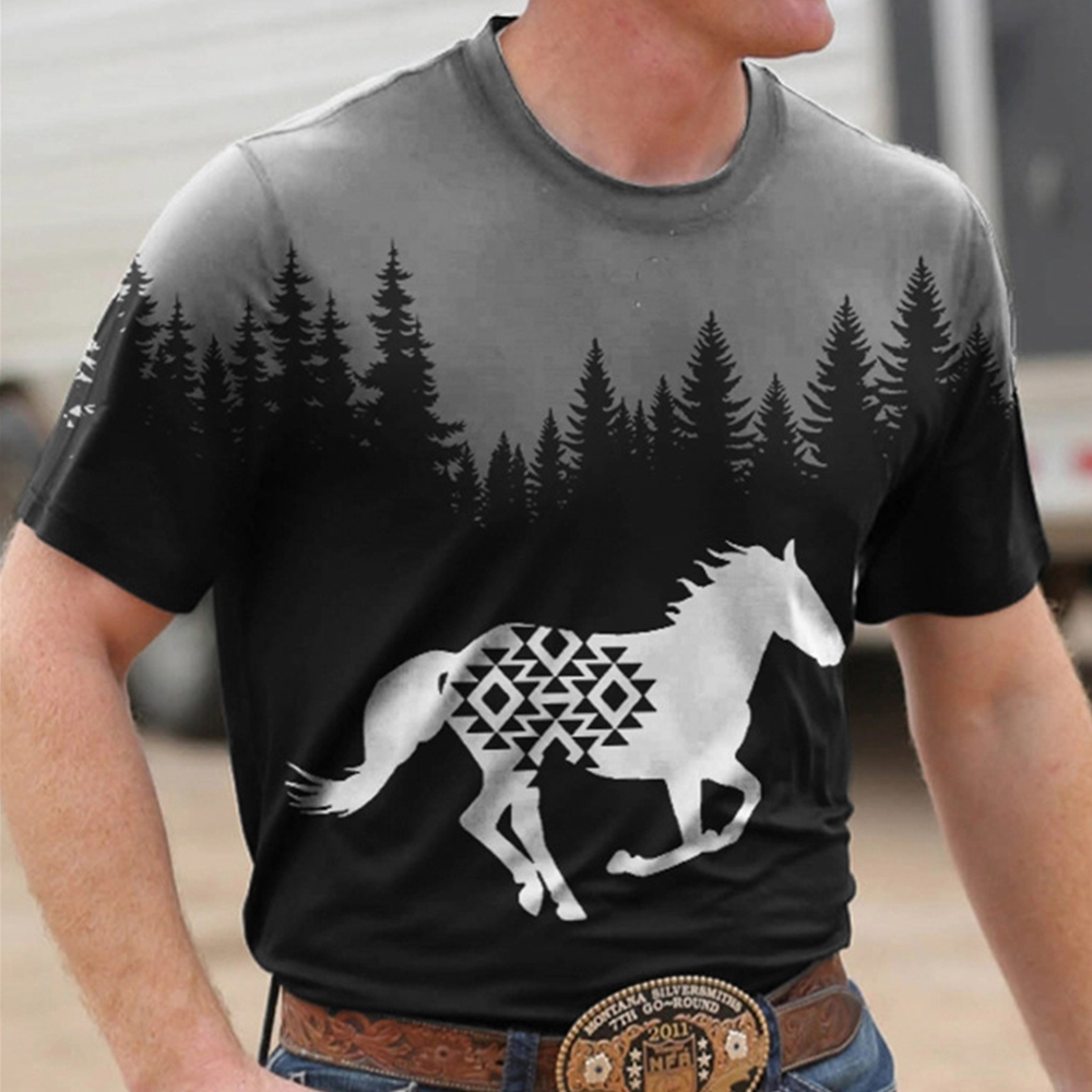 Men's Vintage Western Horse Print Chic Crew Neck T-shirt