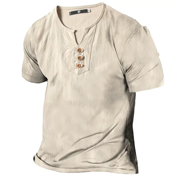 Men's Vintage Linen Henley Collar Short Sleeve T-Shirt - Kalesafe.com 