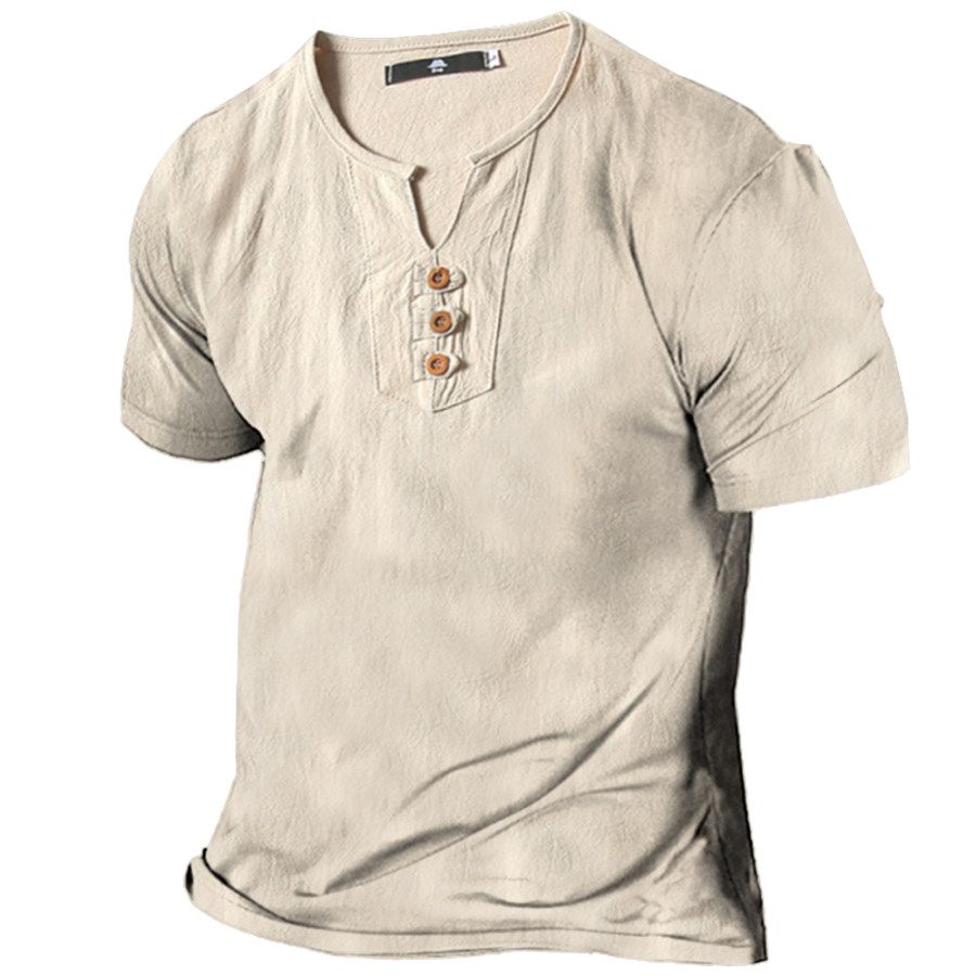 

T-shirt à Manches Courtes En Lin Vintage Pour Homme Avec Col Henley