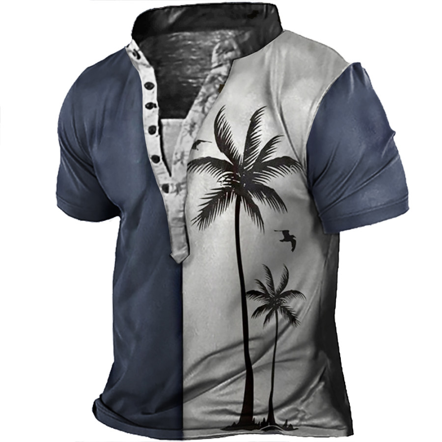 

Men's Hawaiian Coconut Tree Colorblock Print Henley Collar T-Shirt