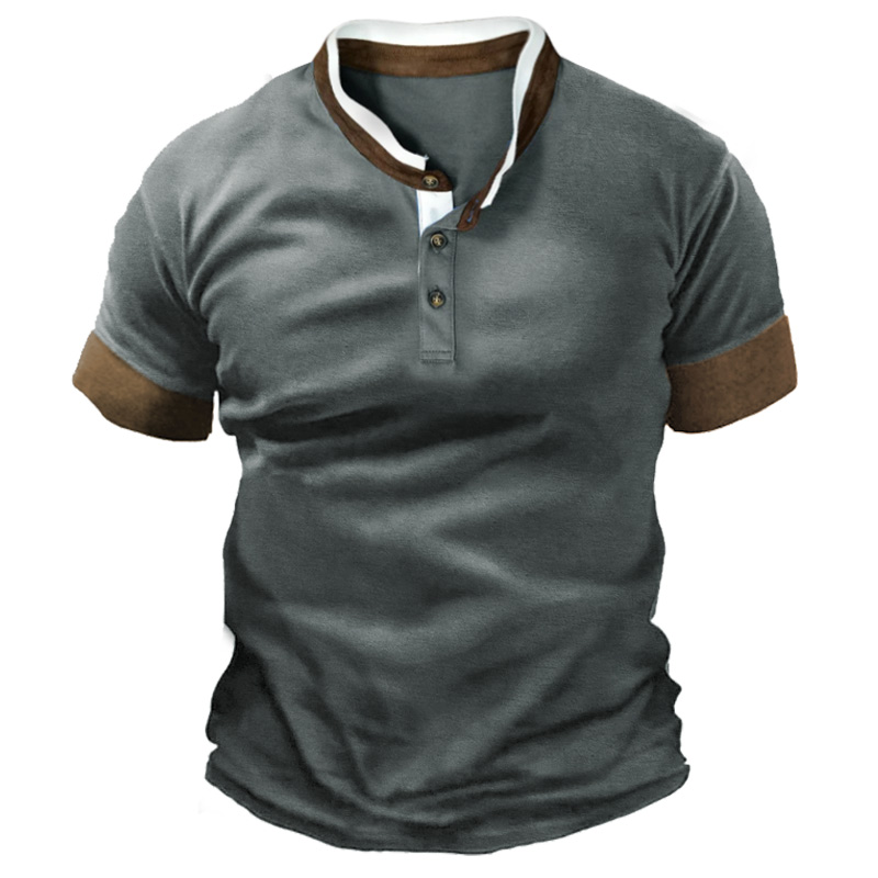 Men's Retro Contrast Henley Collar Chic Short Sleeve Casual T-shirt