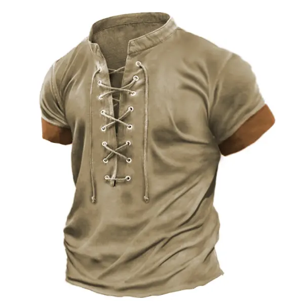 Plus Size Men's Vintage Lace Up Casual Colorblock Short Sleeve T-Shirt - Kalesafe.com 
