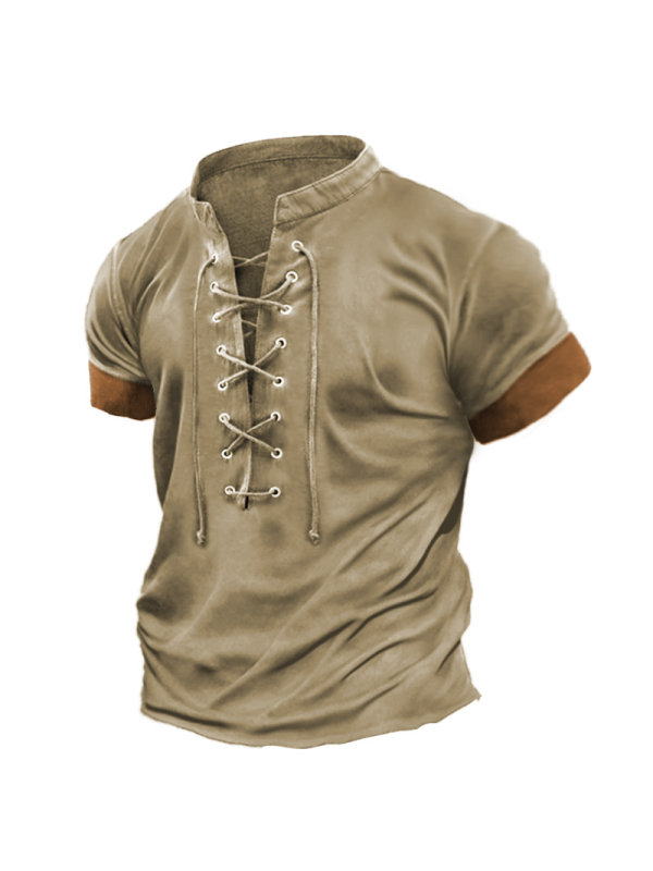 Plus Size Men's Vintage Lace Up Casual Colorblock Short Sleeve T-Shirt