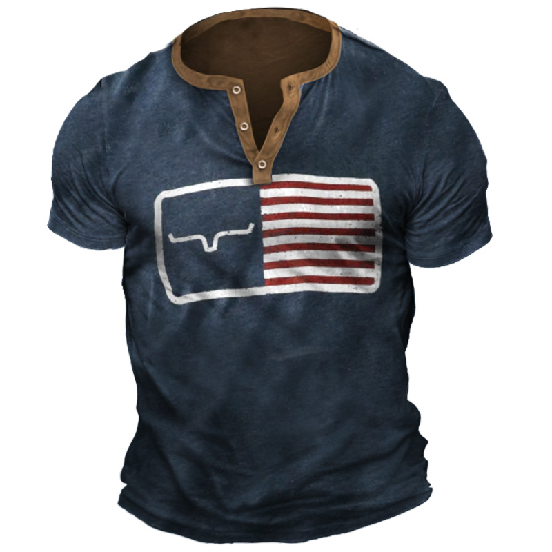 Men's Vintage Western Cowboy Chic American Flag Colorblock Henley T-shirt