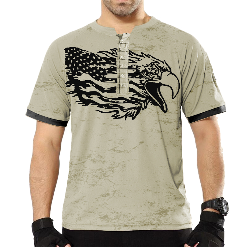 Men's Vintage Outdoor Eagle Chic Creative Henley Collar T-shirt