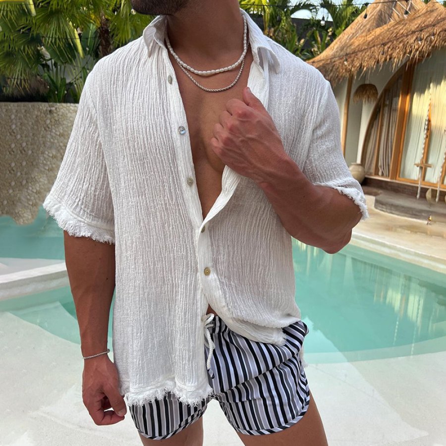

Men's Holiday Linen Frayed Short Sleeve Shirt
