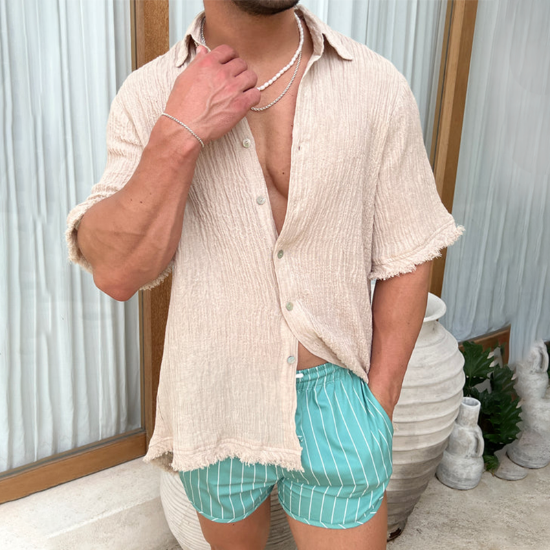 Men's Holiday Linen Pleated Chic Short Sleeve Shirt