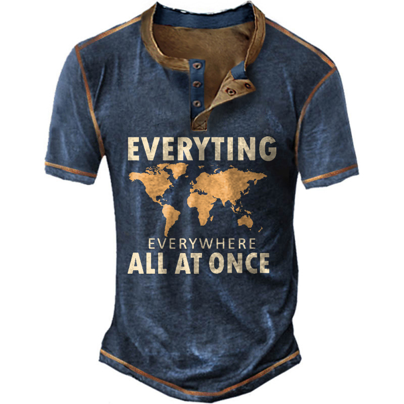Men's Vintage Everything Everywhere Chic All At Once World Map Henley T-shirt