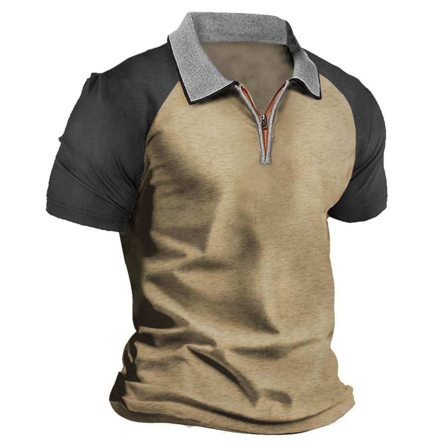 

Men's Vintage Tactical Colorblock Zip Polo T-Shirt
