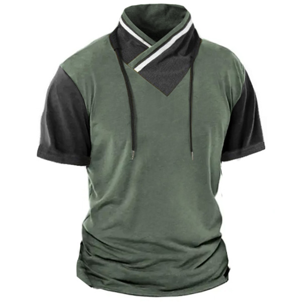 Men's Outdoor Contrasting Color Chic Stand Collar Drawstring Cotton T-shirt