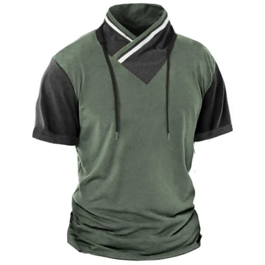 

Men's Outdoor Contrasting Color Stand Collar Drawstring Cotton T-Shirt