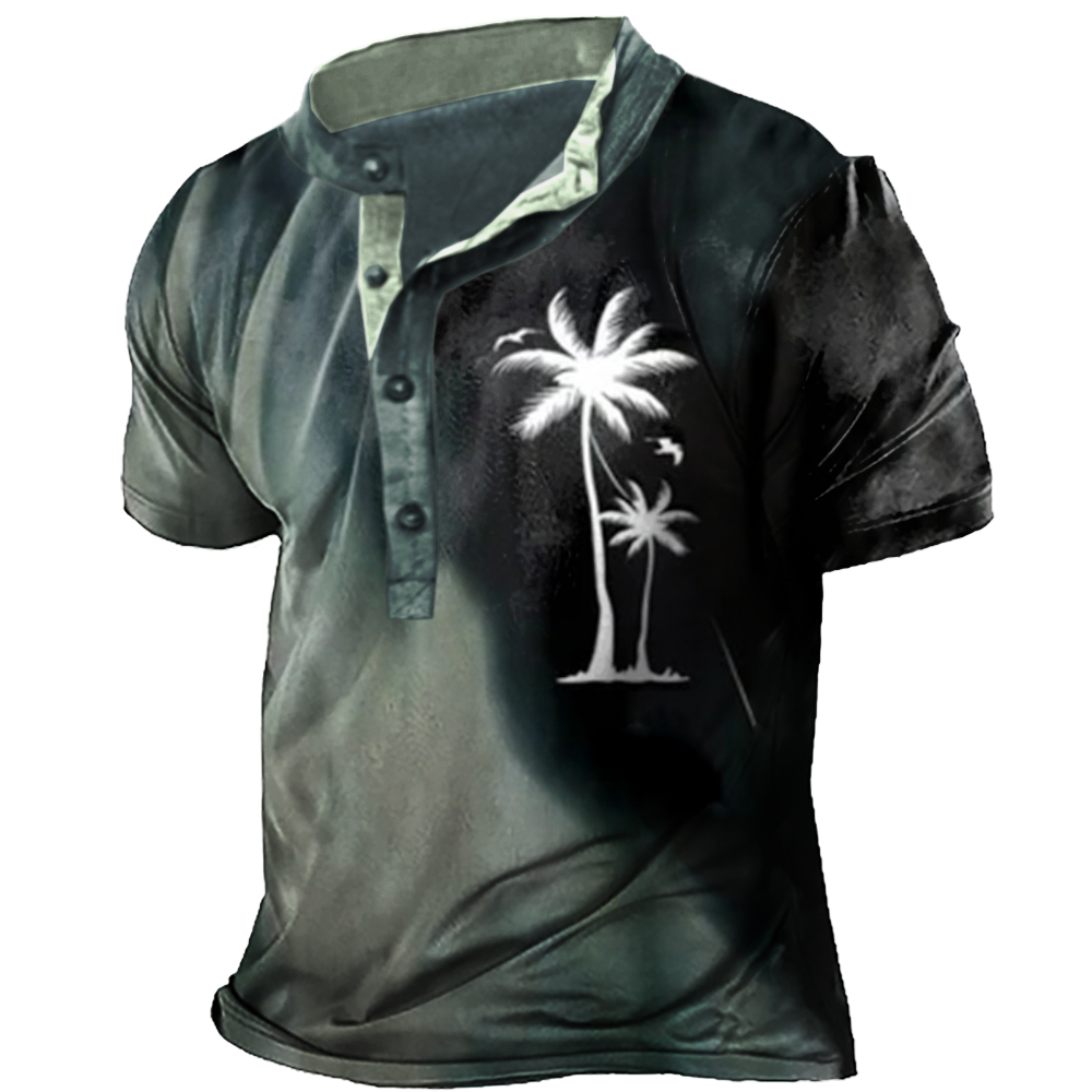 Men's Outdoor Coconut Tree Chic Summer Print Henley Collar T-shirt