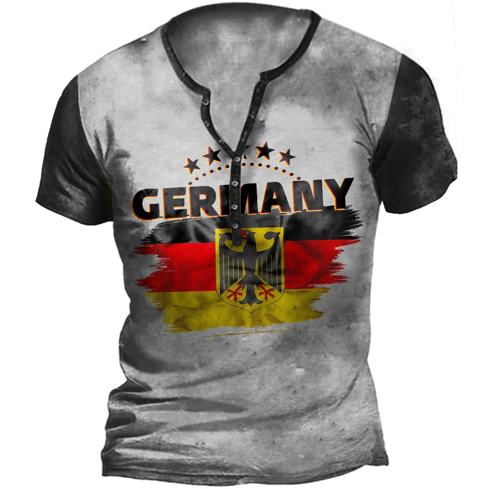 Men's Vintage German Flag Chic Eagle Print Henley Collar T-shirt