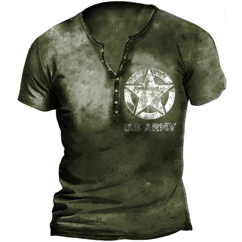 Men's Outdoor Tactical Vintage Chic Army Print Henley Collar T-shirt