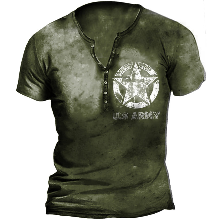 

Men's Outdoor Tactical Vintage Army Print Henley Collar T-Shirt