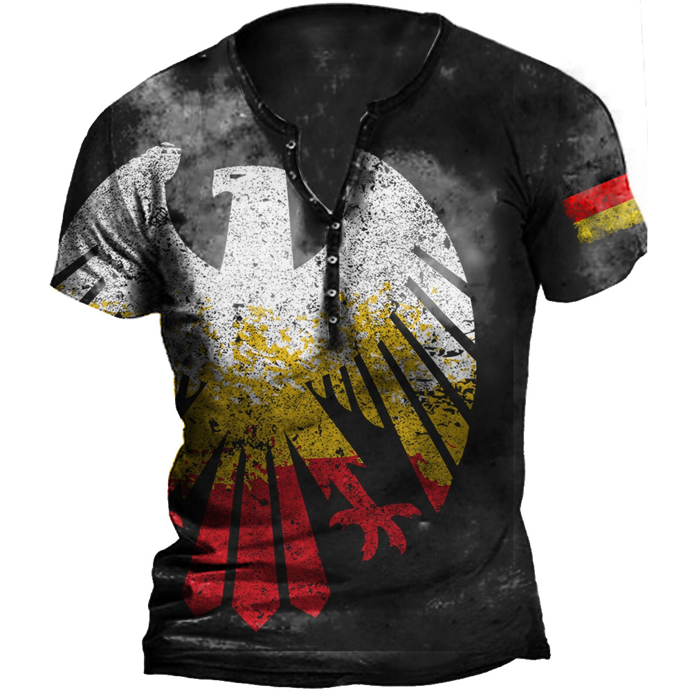 Men's Vintage German Flag Chic Eagle Print Henley Collar T-shirt
