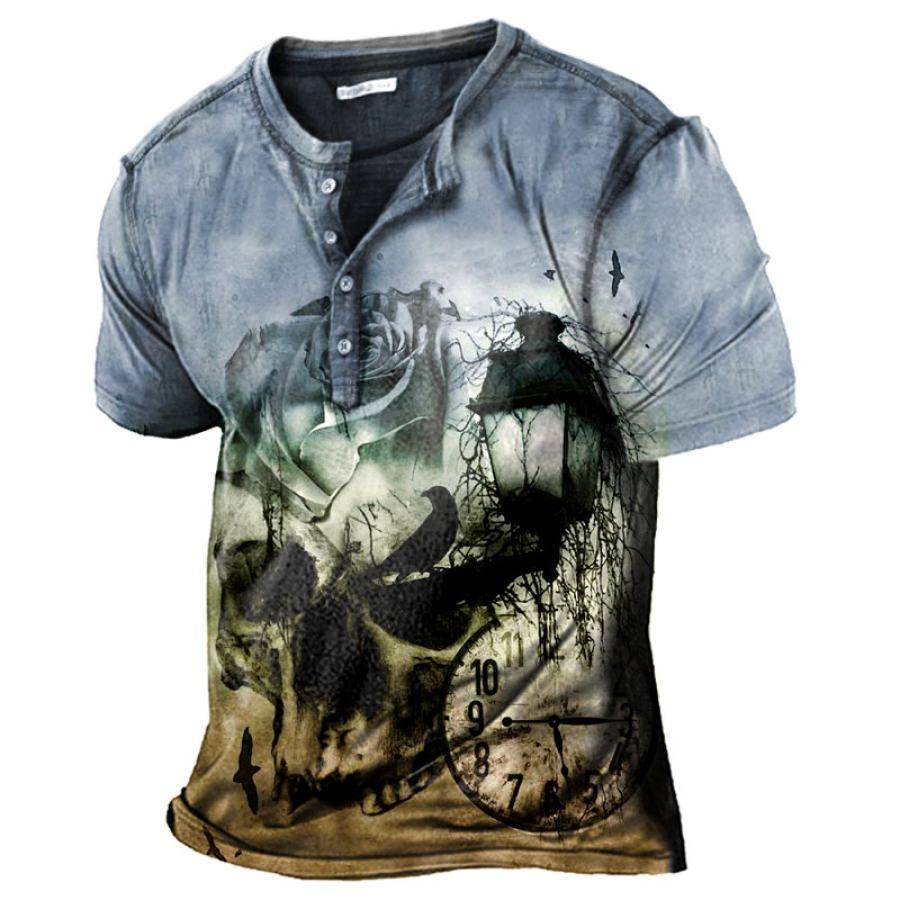

Men's Vintage Skull Print Henley T-Shirt