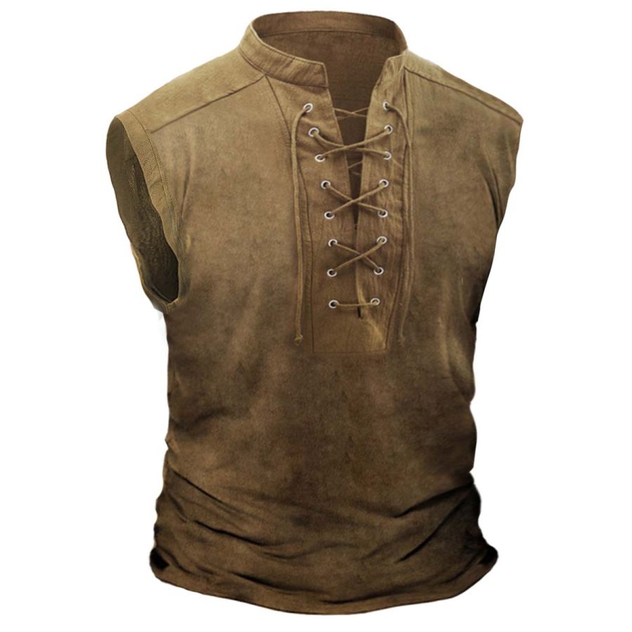 

Men's Vintage Lace-Up Stand Collar Tank Top