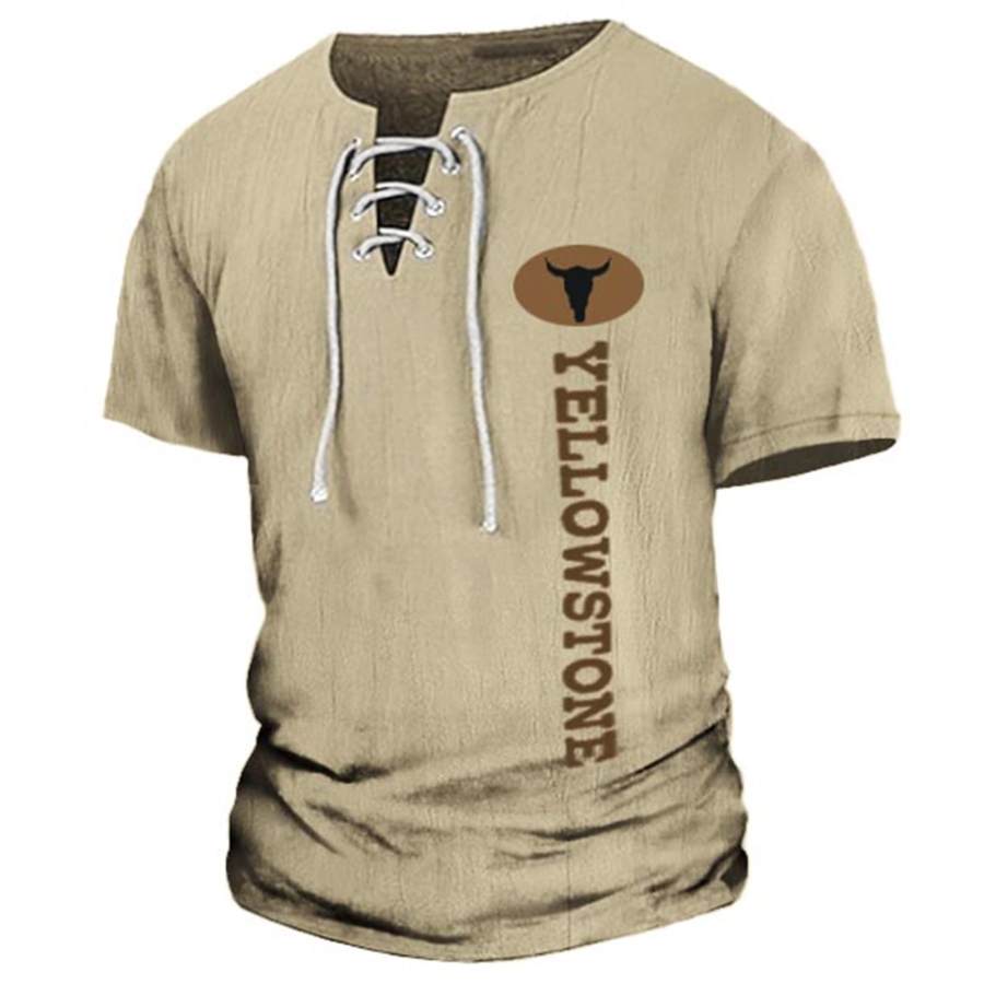 

Men's Linen Yellowstone Print Hippie Lace-Up T-Shirt