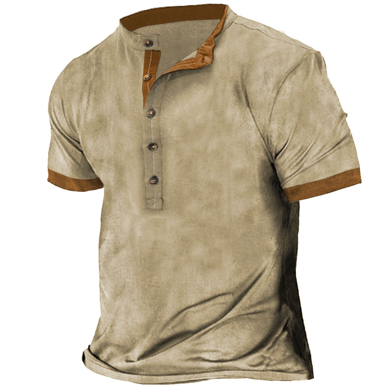 Men's Cotton Linen Colorblock Chic Henley T-shirt