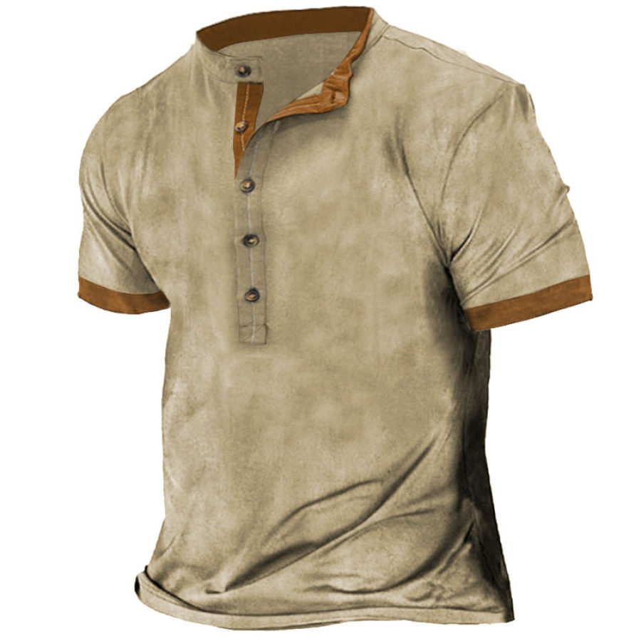 

Men's Cotton Linen Colorblock Henley T-Shirt